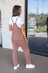 brown striped jersey knit fall jumpsuit