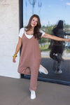 brown striped jersey knit fall jumpsuit