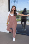 brown striped jersey knit fall jumpsuit