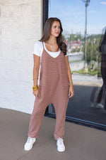 brown striped jersey knit fall jumpsuit