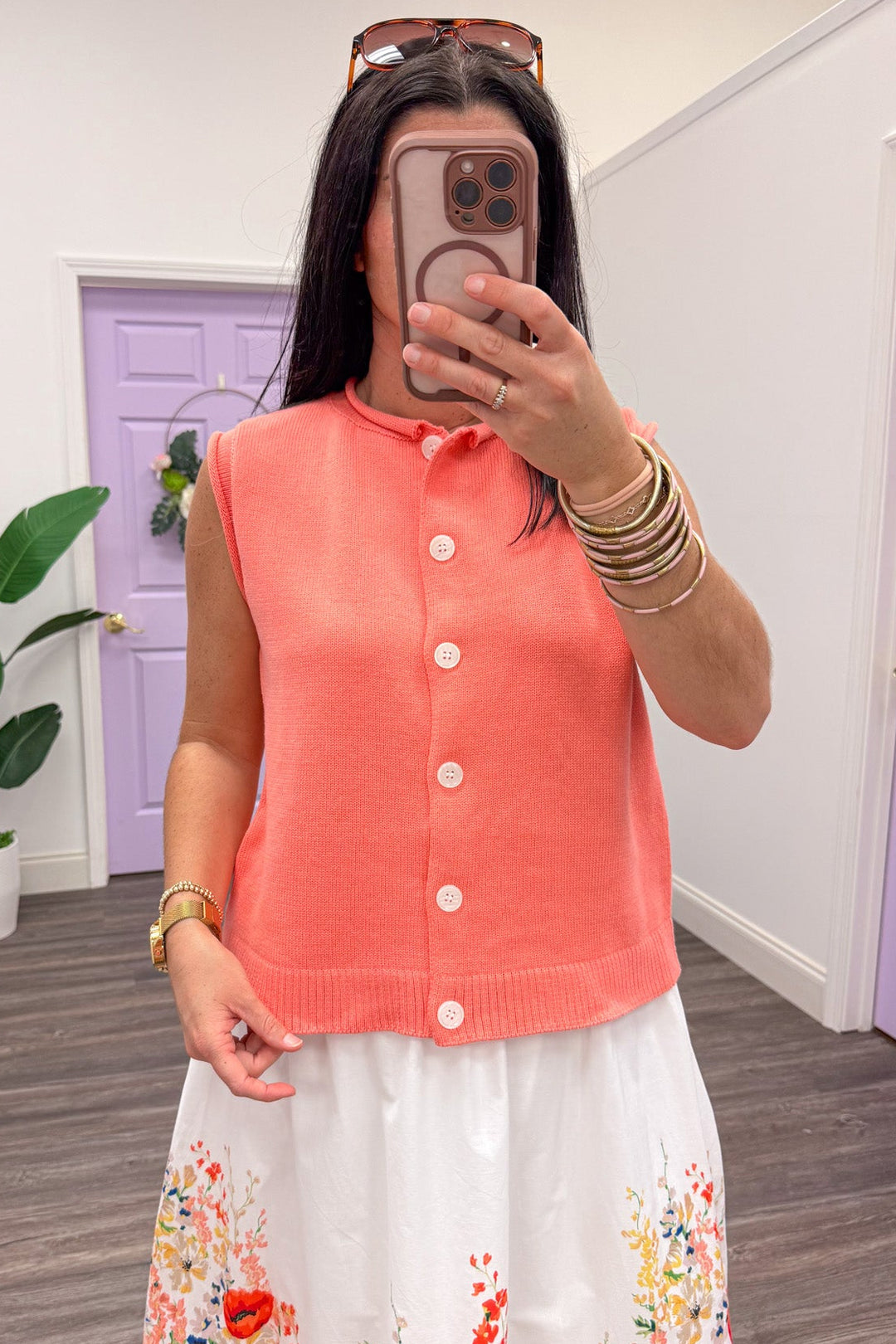 coral button front sleeveless knit sweater vest top