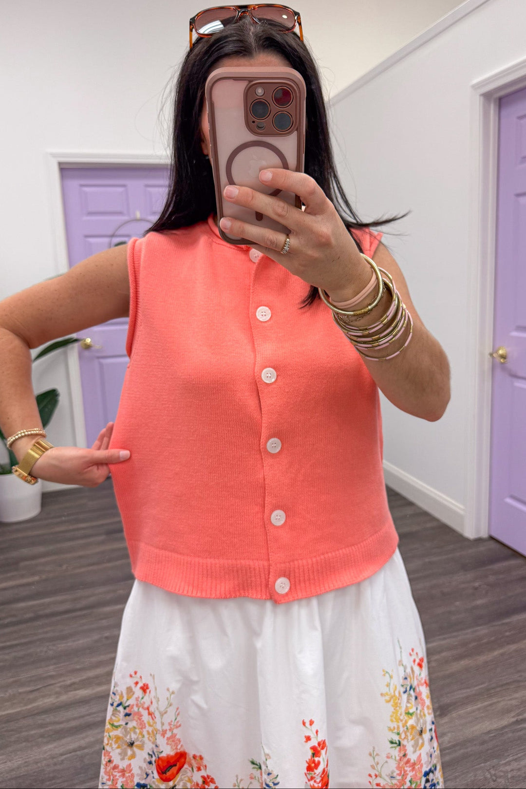 coral button front sleeveless knit sweater vest top relaxed silhouette