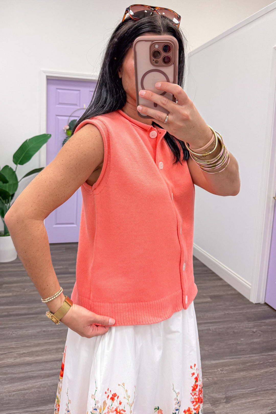 coral button front sleeveless ribbed hem rolled trim knit sweater vest