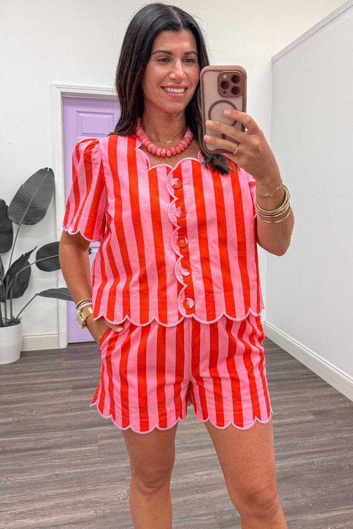 coral and pink vertical striped button front poplin cotton top