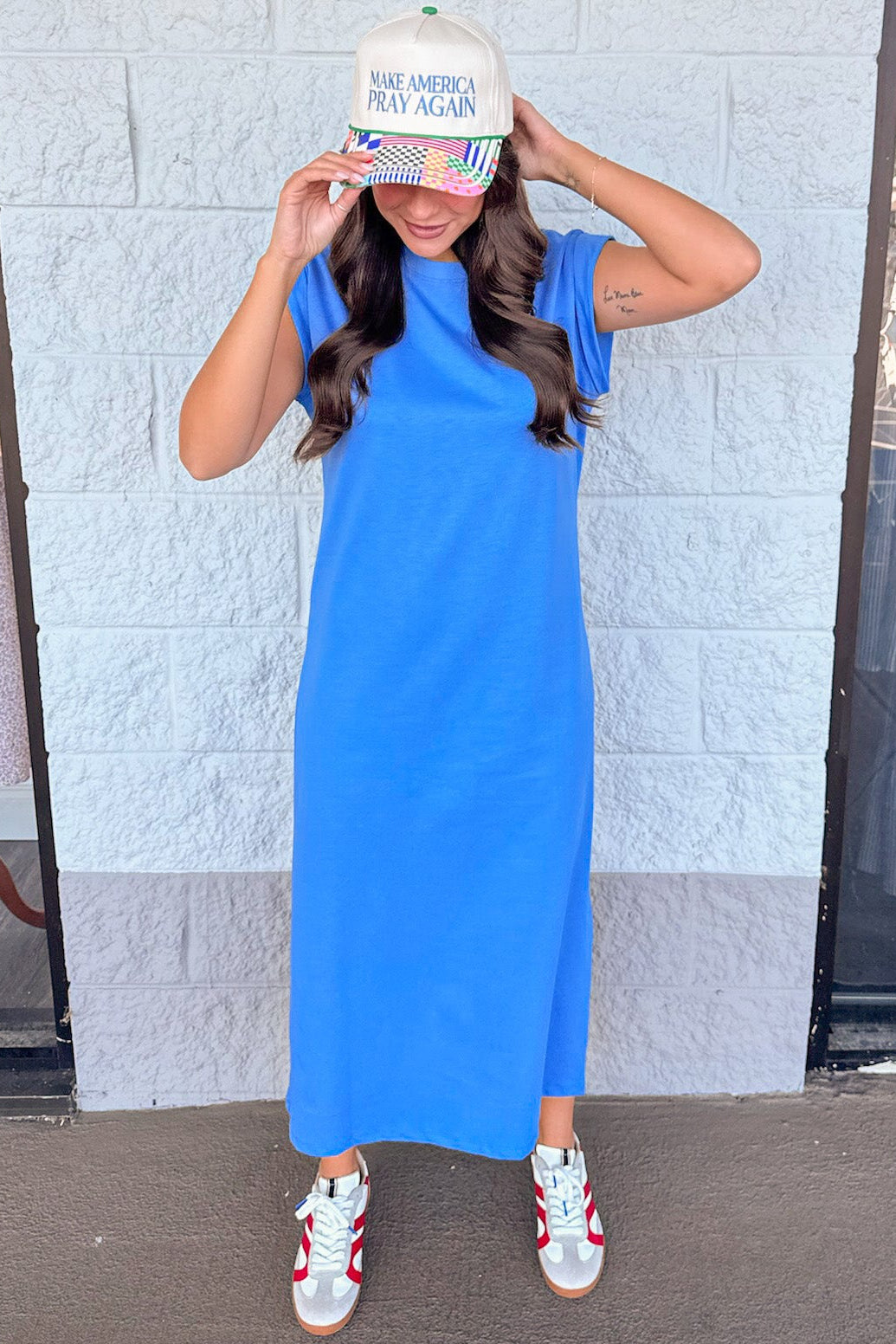 solid cornflower blue cap sleeve relaxed silhouette lightweight cotton knit midi dress