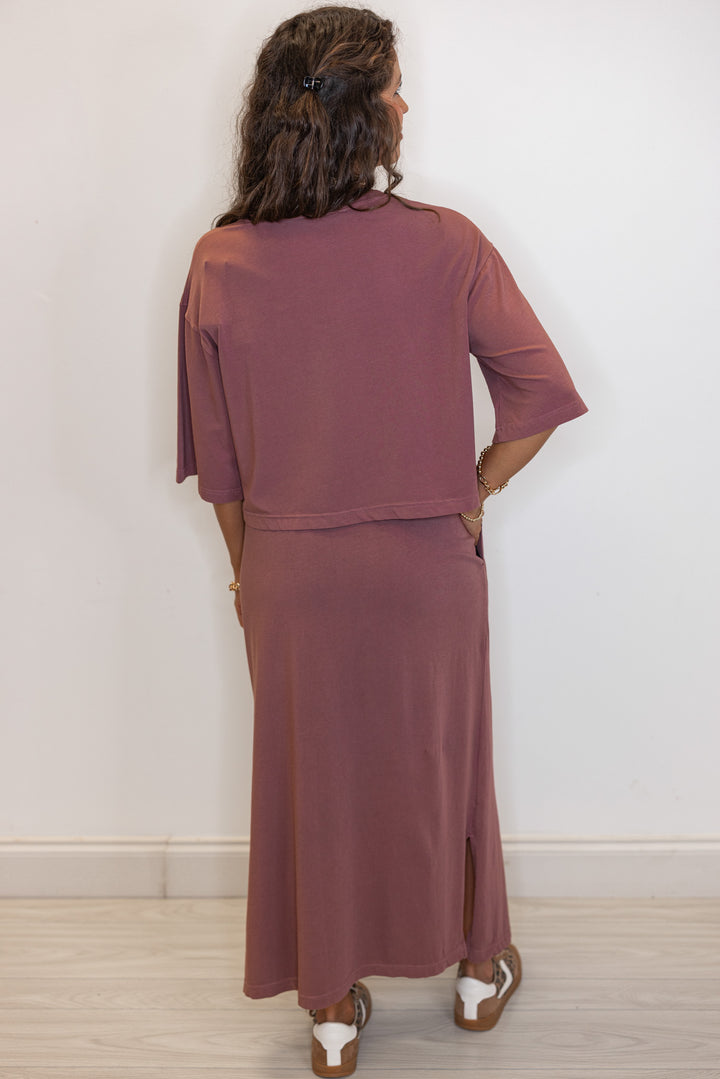 back view of maxi skirt set with matching top