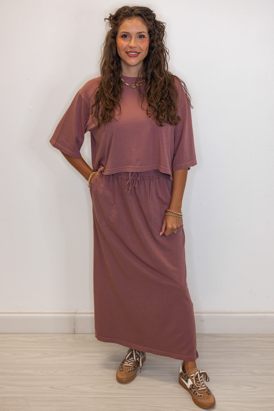 Women's dusty rose knit maxi skirt with matching crop top