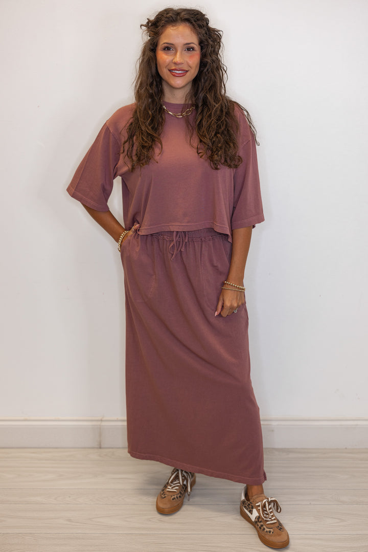 Women's dusty rose knit maxi skirt with matching crop top