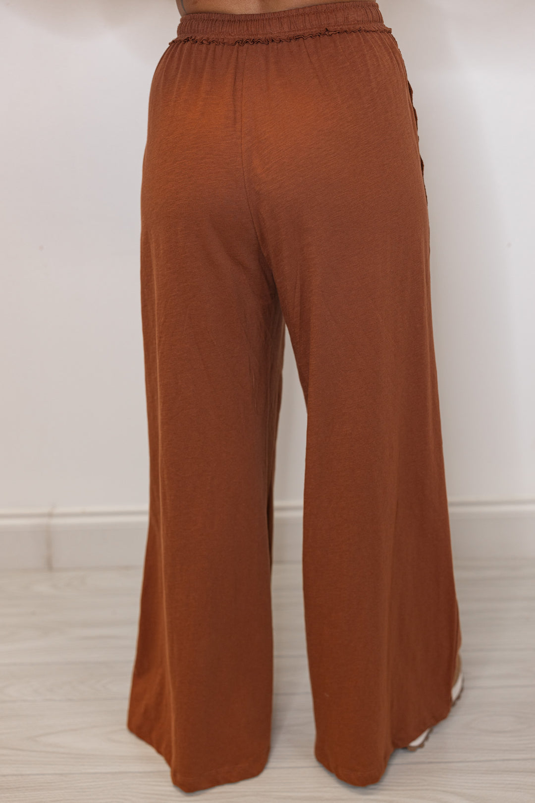Back view of Women's chestnut brown athleisure  pants with drawstring waistband