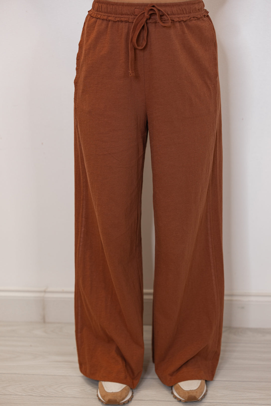 Women's chestnut Brown wide-leg pants with a drawstring waistband