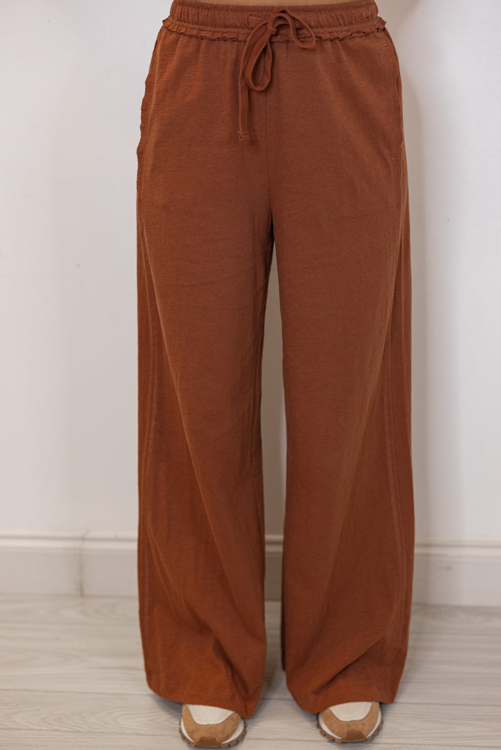 Women's chestnut Brown wide-leg pants with a drawstring waistband