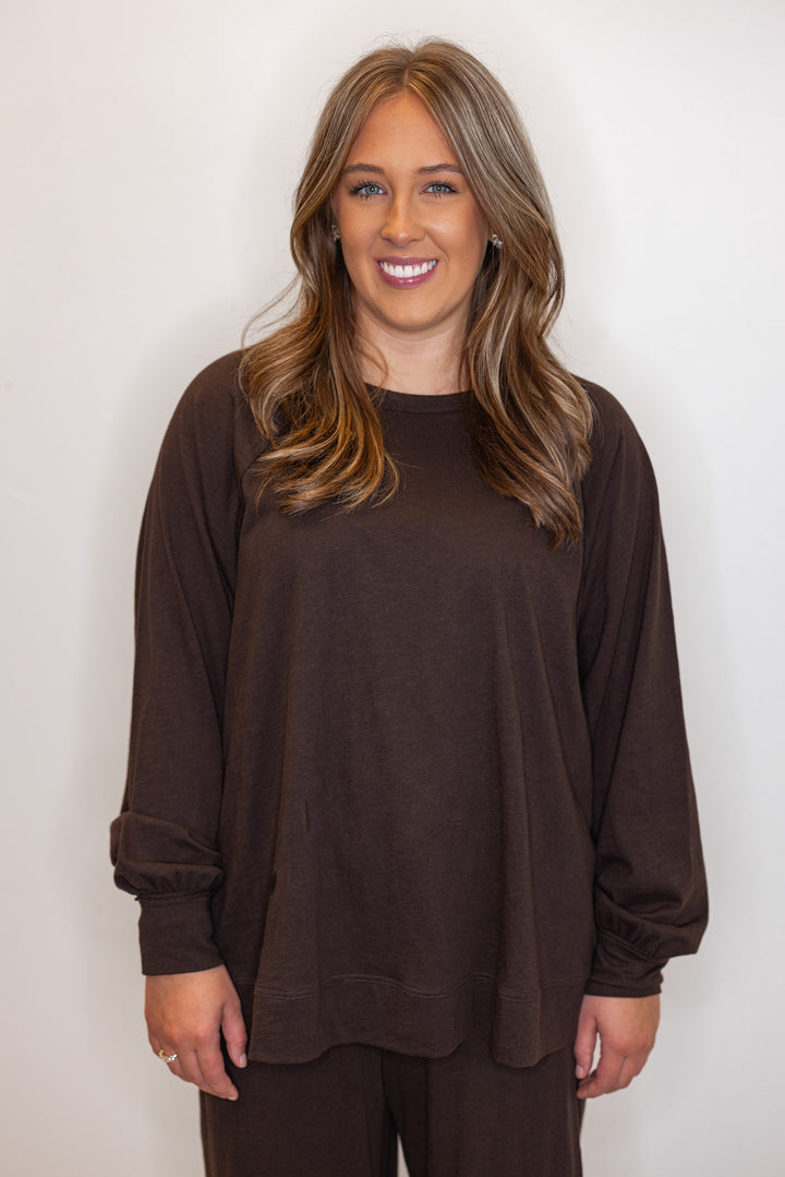 Women's chocolate brown  crew neck long sleeve top