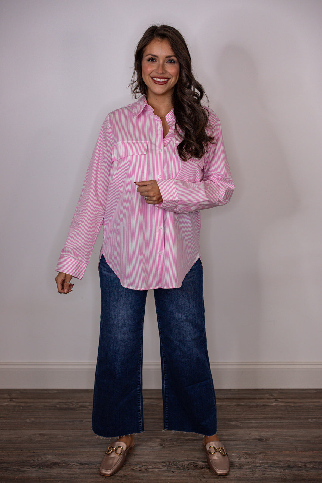 pink pinstripe cotton button up top