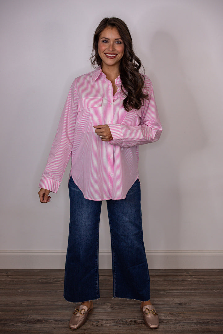 pink pinstripe cotton button up top