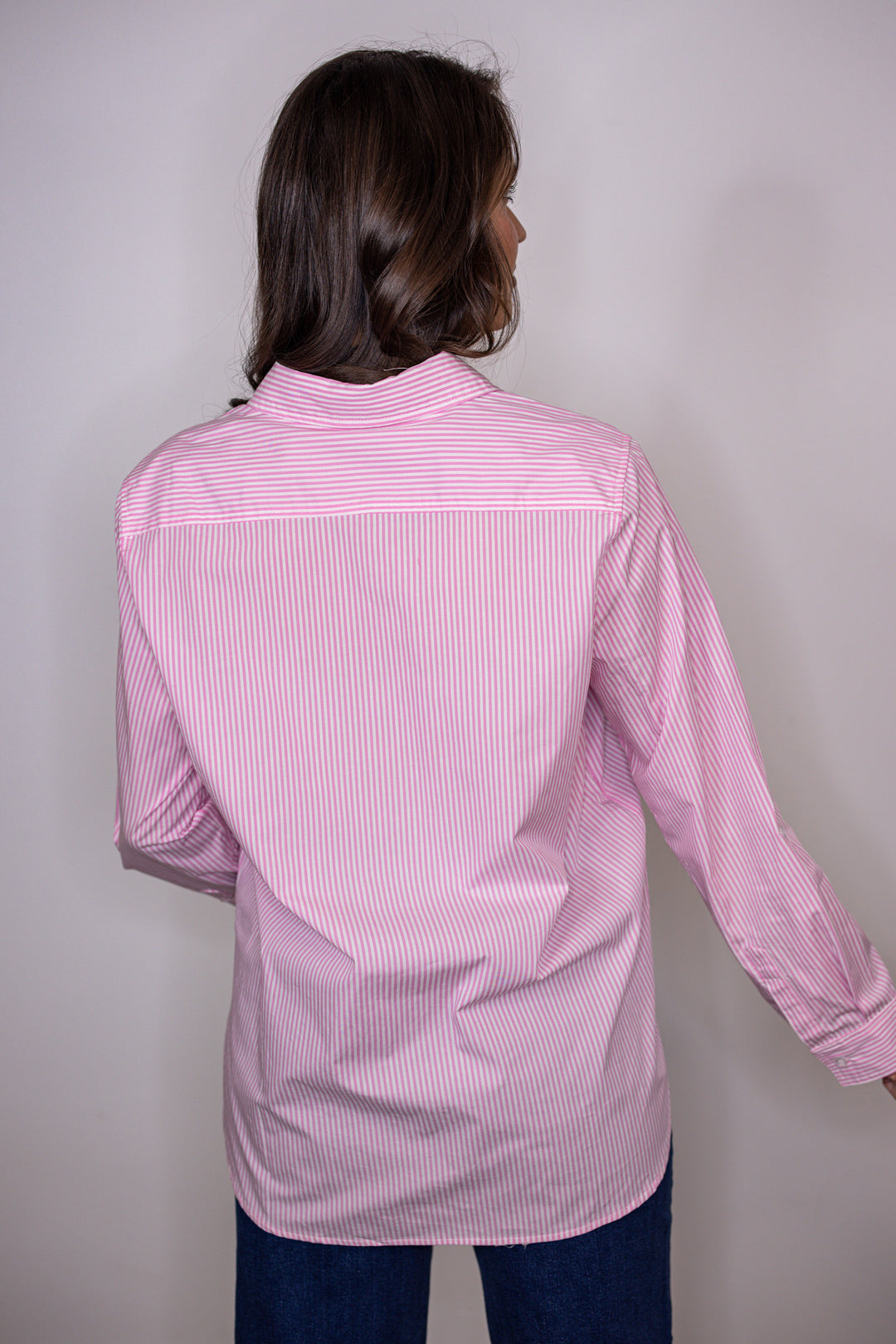pink pinstripe cotton button up top