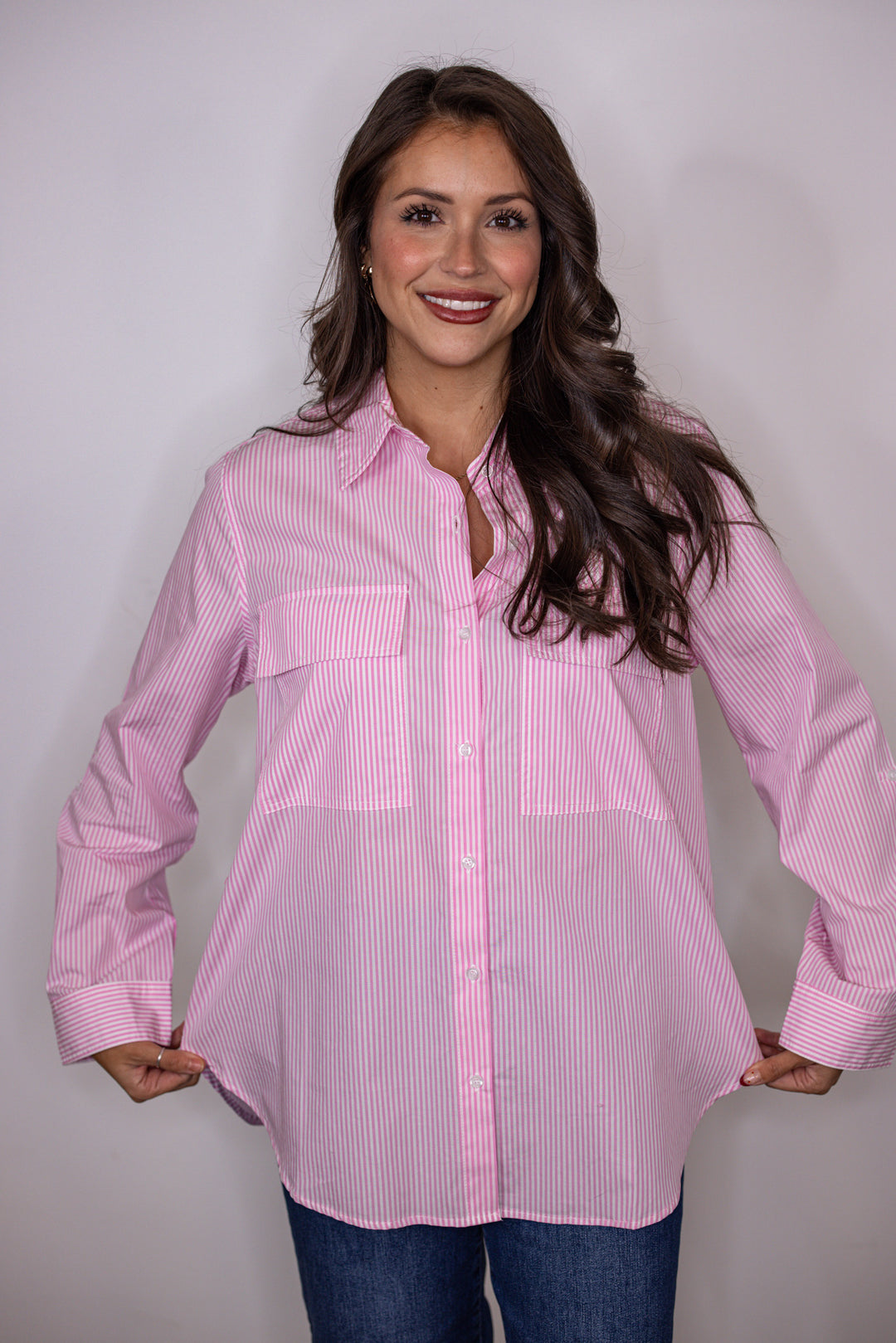 pink pinstripe cotton button up top