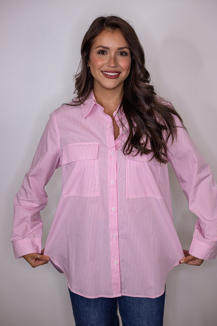 pink pinstripe cotton button up top
