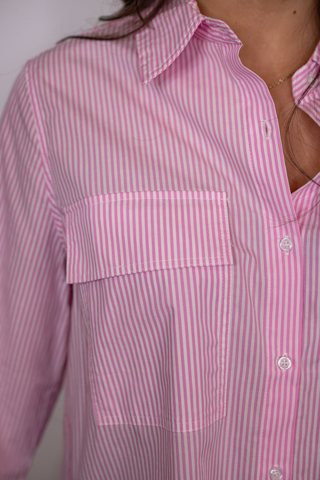 pink pinstripe cotton button up top
