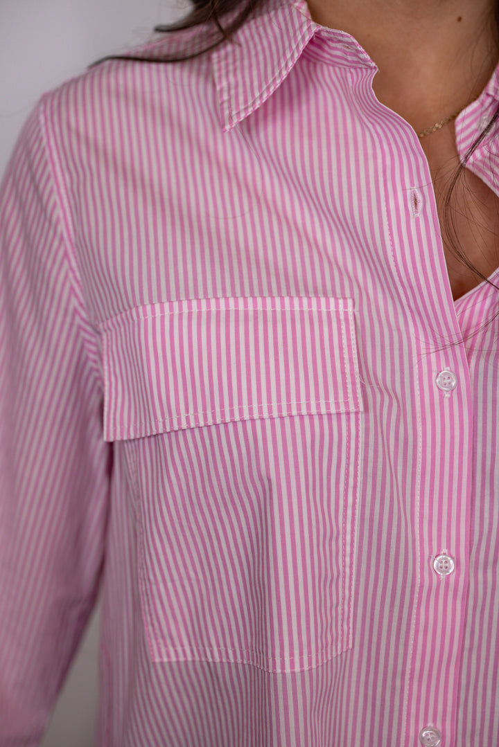 pink pinstripe cotton button up top