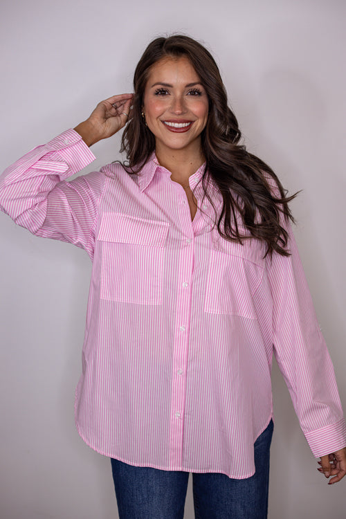 pink pinstripe cotton button up top