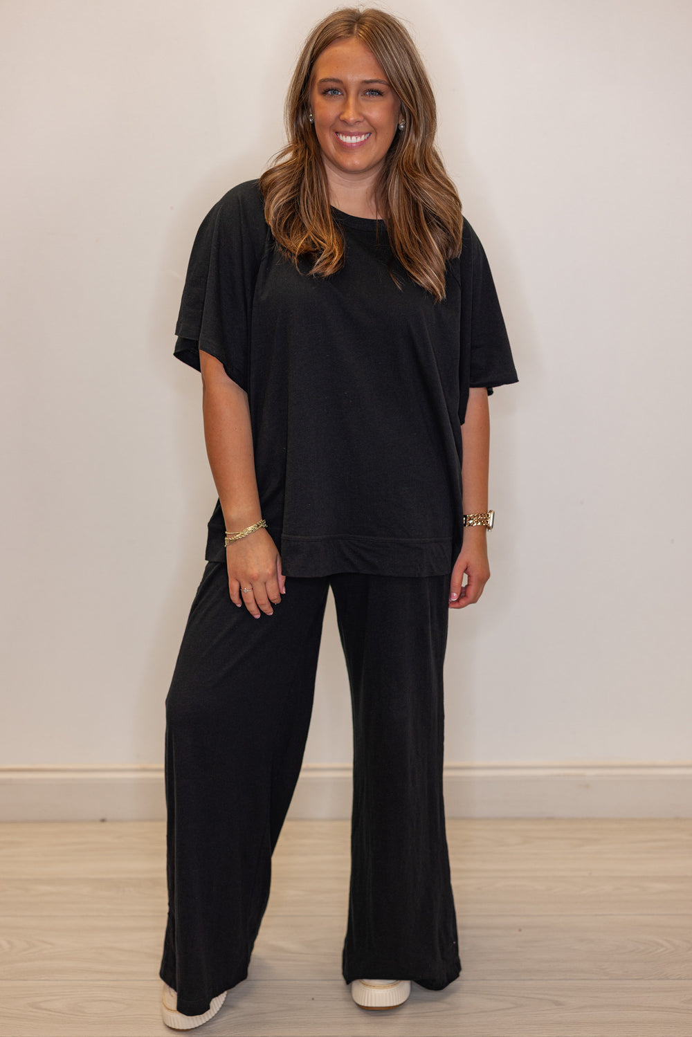 black cotton knit wide leg lounge pants