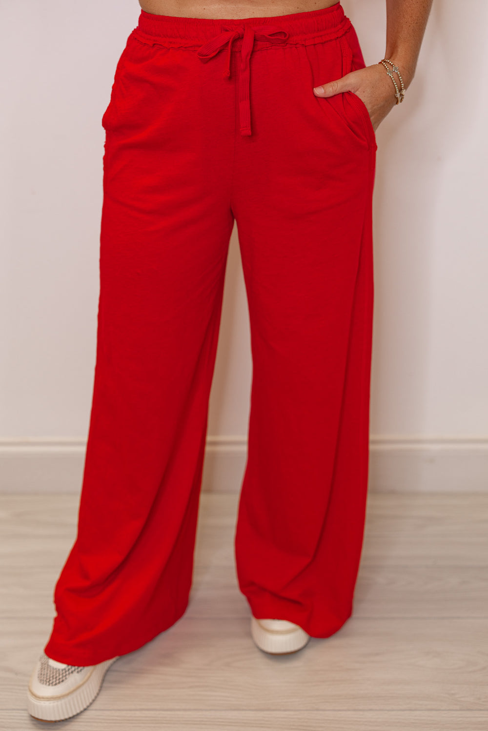 red cotton slub knit wide leg casual pants