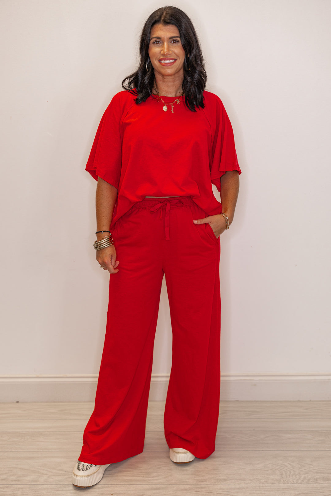 red cotton slub knit wide leg lounge pants