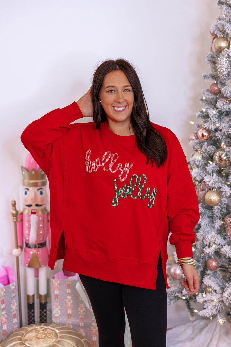 red oversized holly jolly pullover