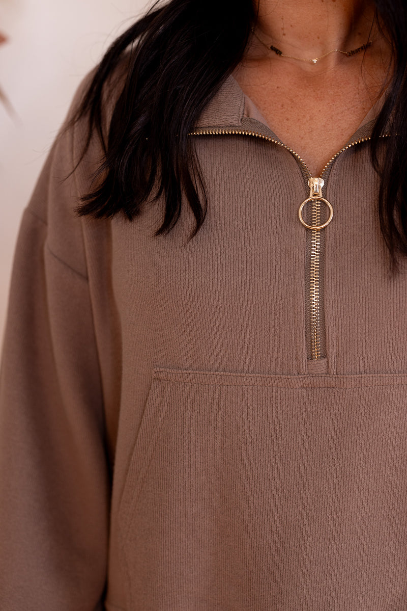 brown ribbed knit quarter zip pullover