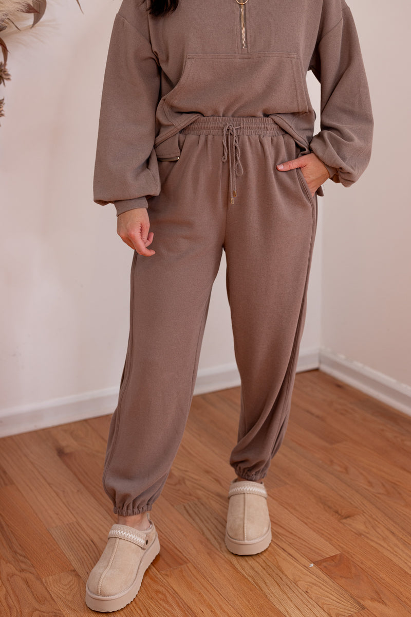 brown ribbed knit elastic waist joggers