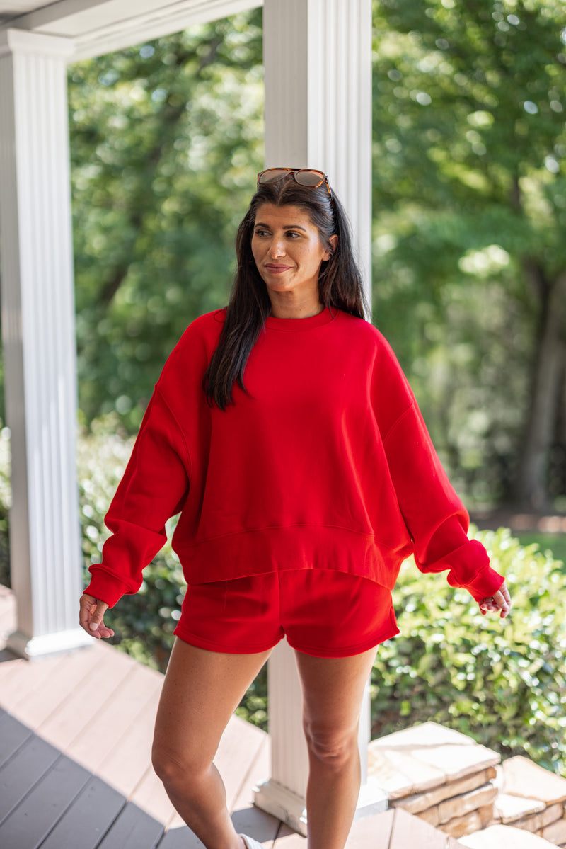 red fleece lined crew neck pullover