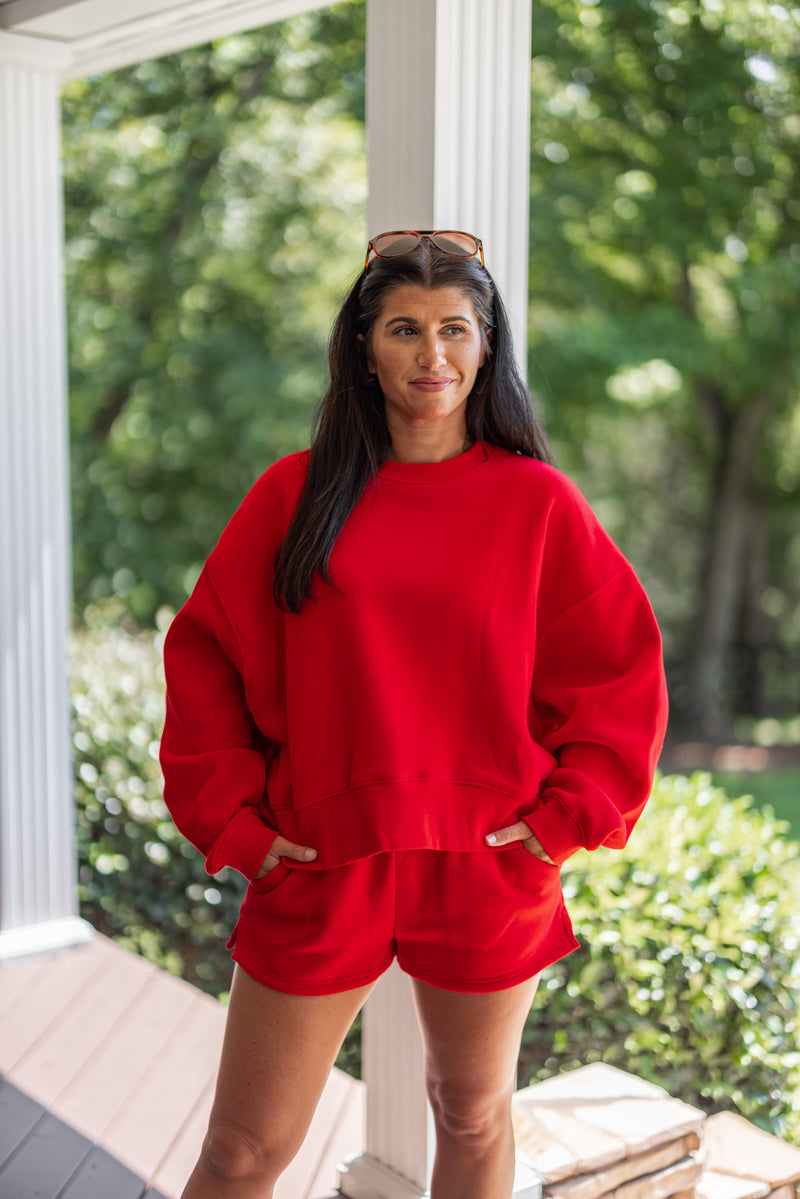 red fleece lined crew neck pullover