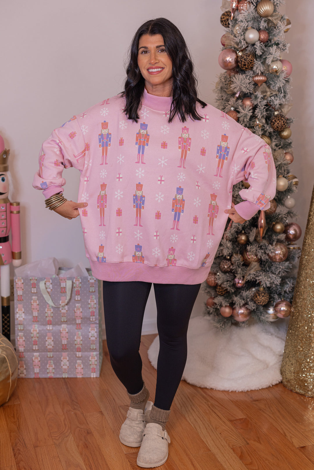 Christmas nutcrackers mock neck sweatshirt by Katydid showing relaxed fit