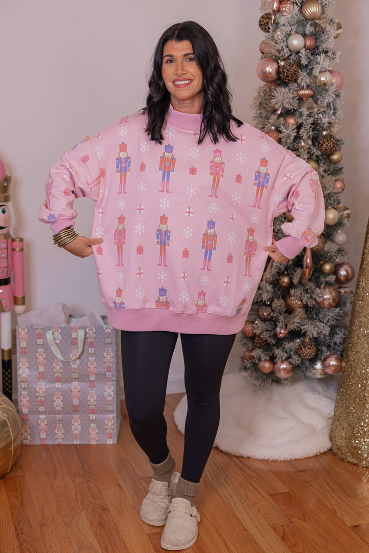 Christmas nutcrackers mock neck sweatshirt by Katydid showing relaxed fit