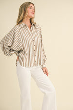 &merci Cream and textured taupe striped button down dolman sleeve hi-low top