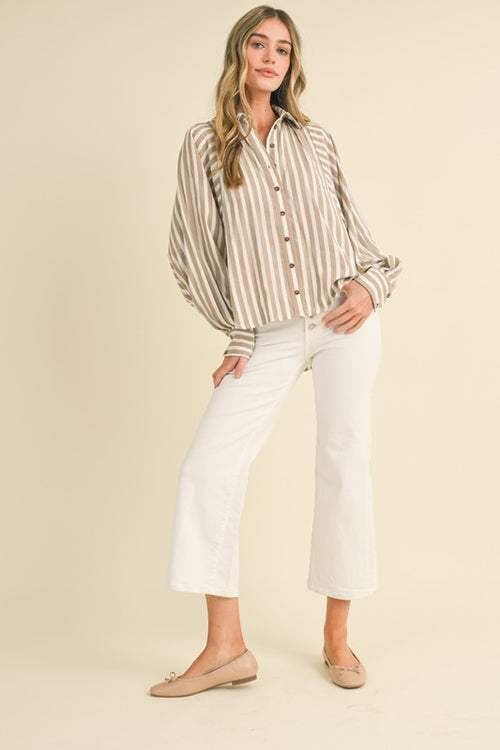 &merci Cream and textured taupe striped button down dolman sleeve hi-low top