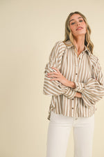 &merci Cream and textured taupe striped button down dolman sleeve hi-low top