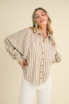 &merci Cream and textured taupe striped button down dolman sleeve hi-low top