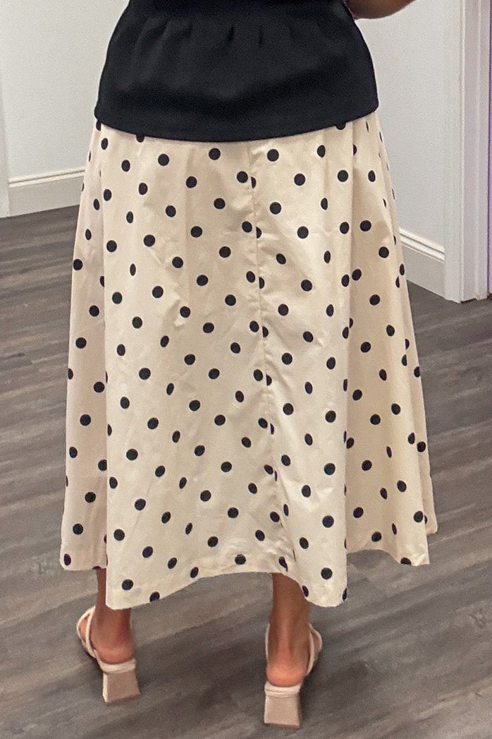 cream with black polka dot print elastic waist lightweight cotton poplin midi skirt