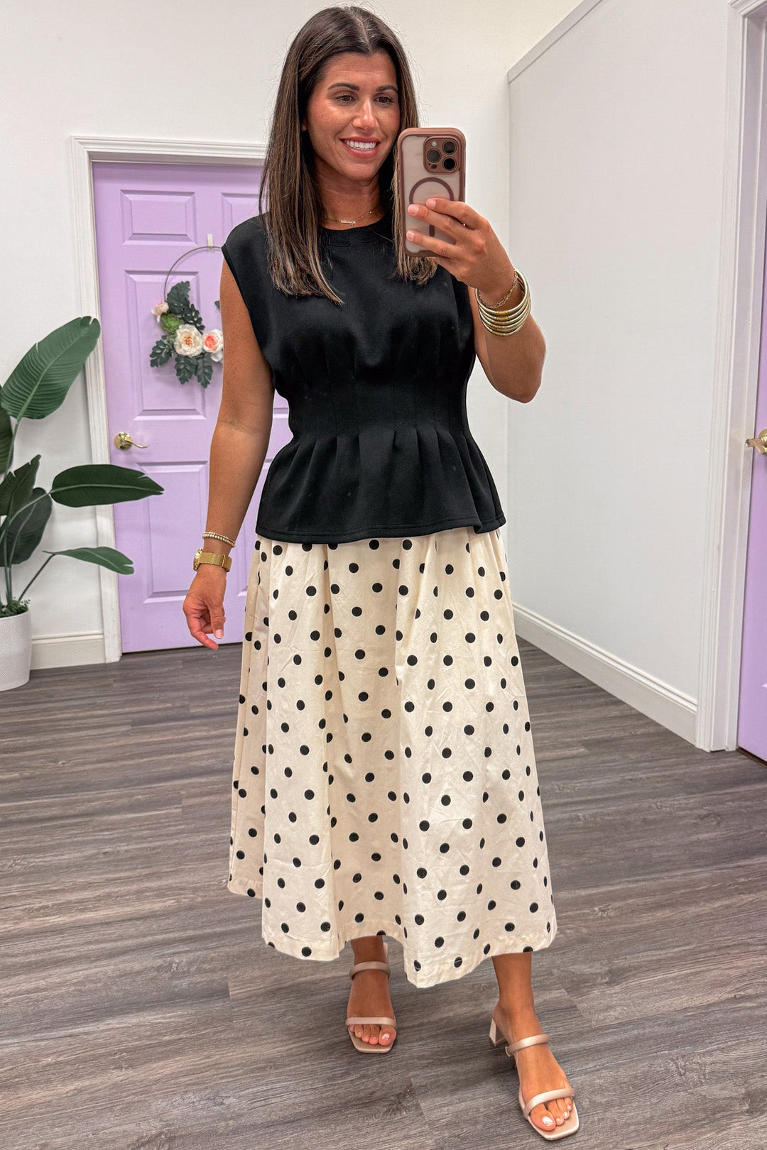 cream with black polka dot print elastic waist cotton poplin midi skirt