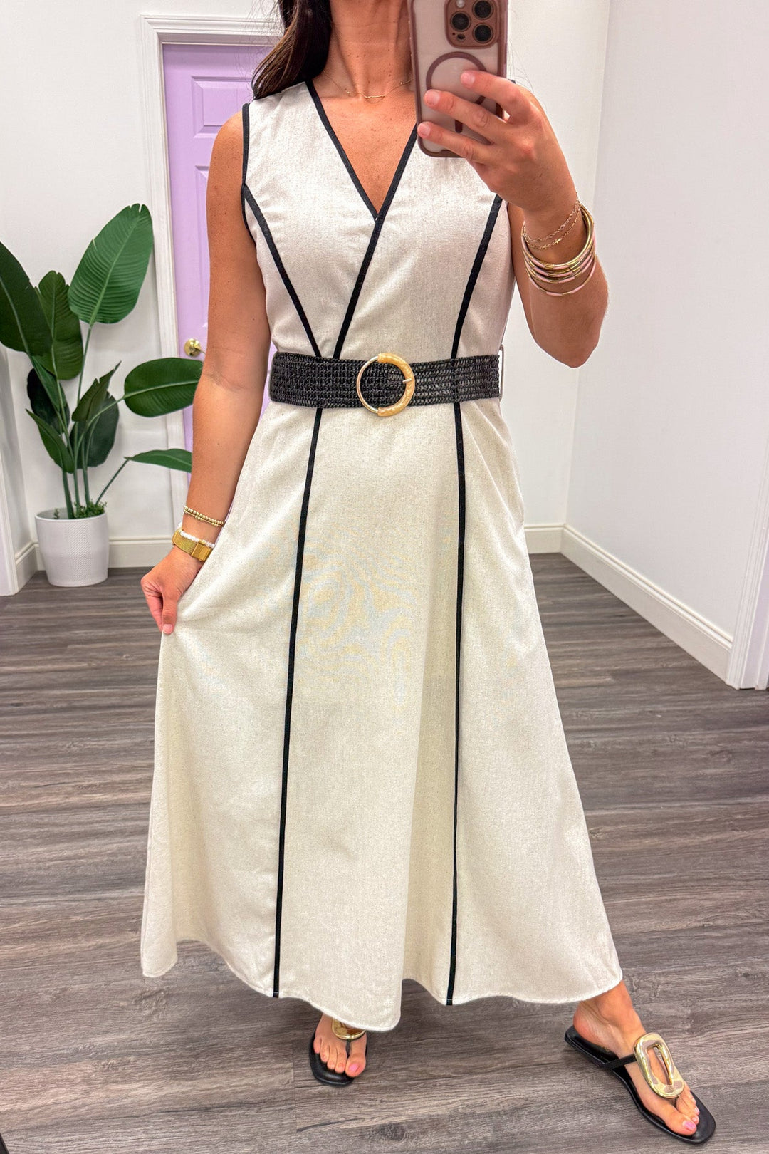 natural linen with black trim sleeveless relaxed silhouette midi dress