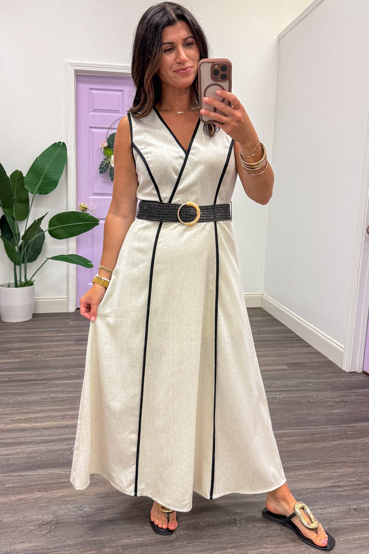 natural linen with black trim belted waist sleeveless midi dress