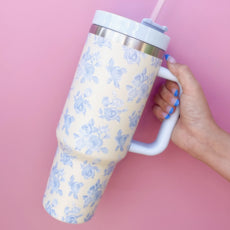 Cream 40 oz tumbler with blue floral print