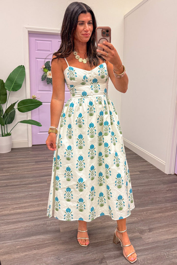 cream blue and olive green floral print sleeveless midi dress