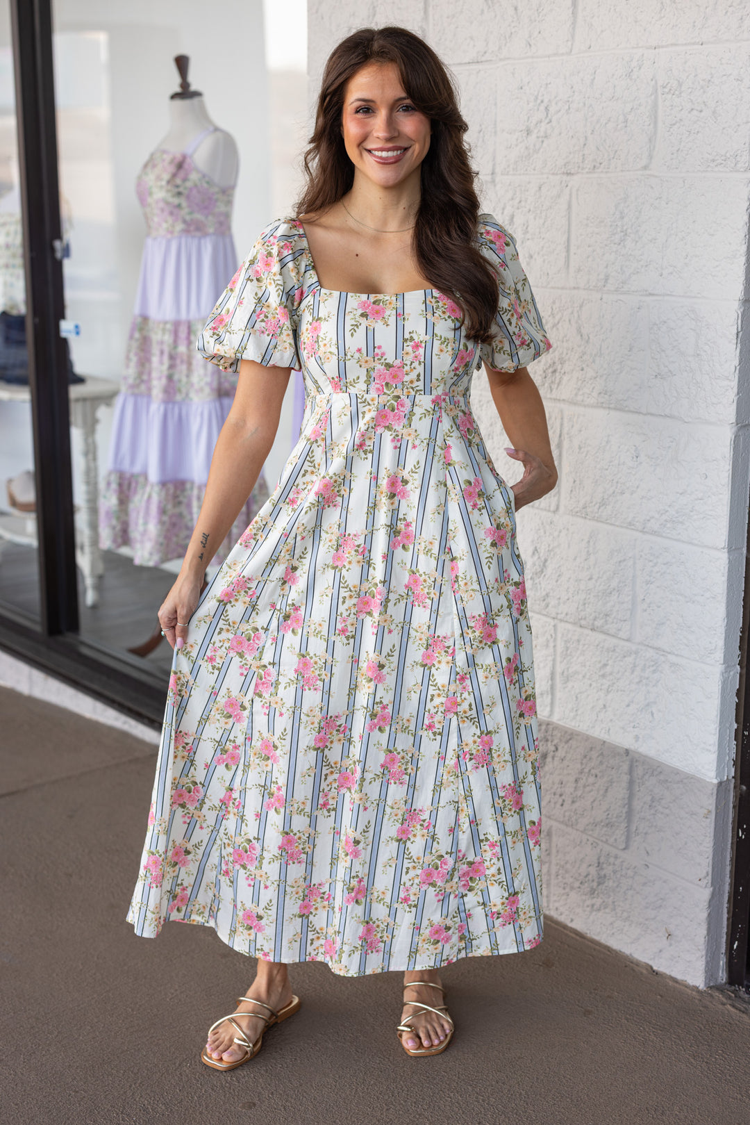 cream poplin midi dress with blue stripes pink and yellow floral print