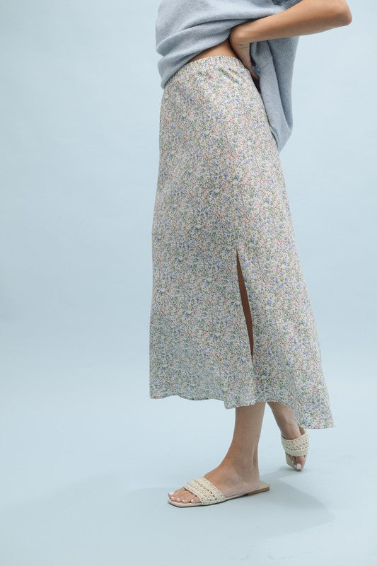 Wishlist Cream midi skirt with pink and blue floral print