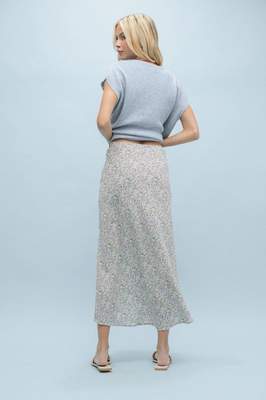 Wishlist Cream midi skirt with pink and blue floral print