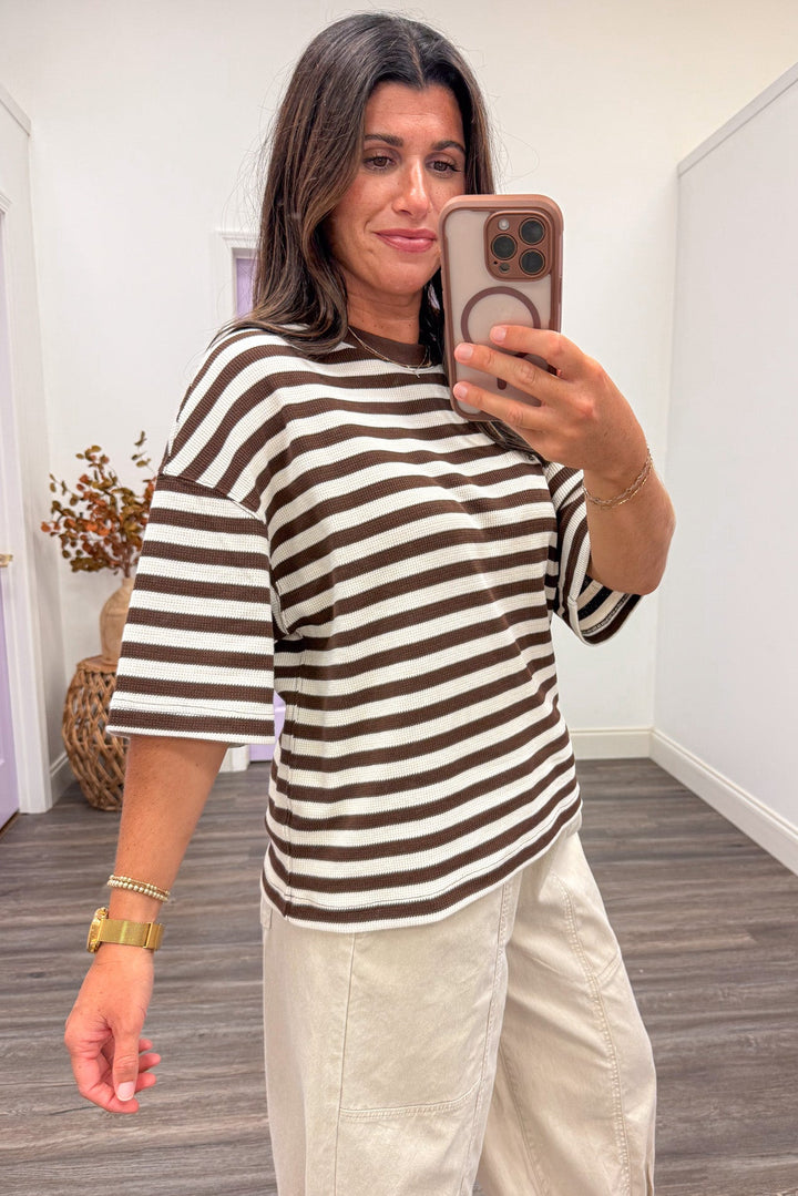 brown and cream horizontal striped drop shoulder half sleeve crew neckline knit top