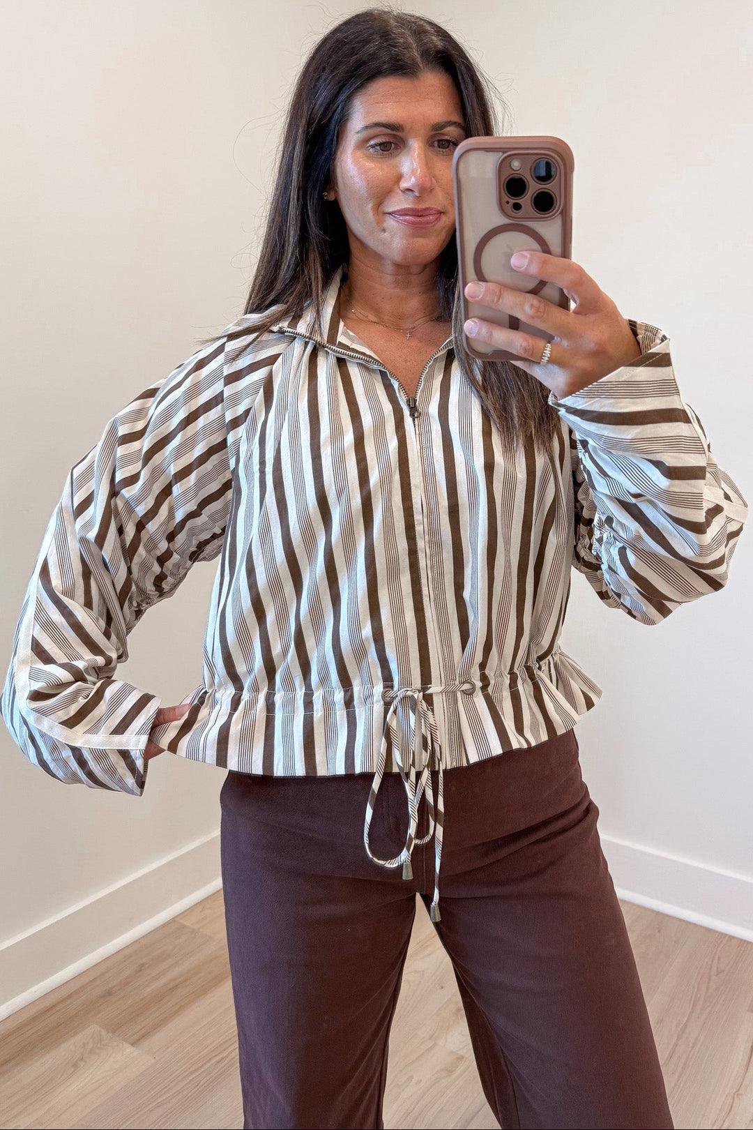 cream and brown striped long sleeve zipper front relaxed silhouette semi-cropped jacket top