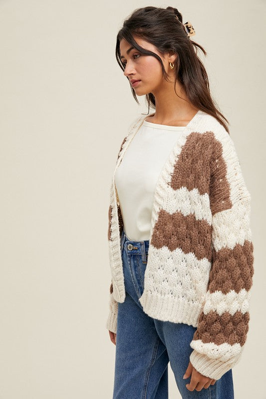 Women's cream and chocolate brown wide striped knit sweater cardigan by Enreo showing side view